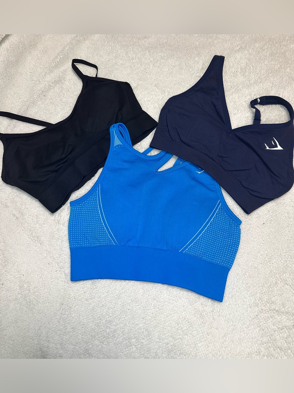 Gymshark Blue and Black Sports Bralettes Trio